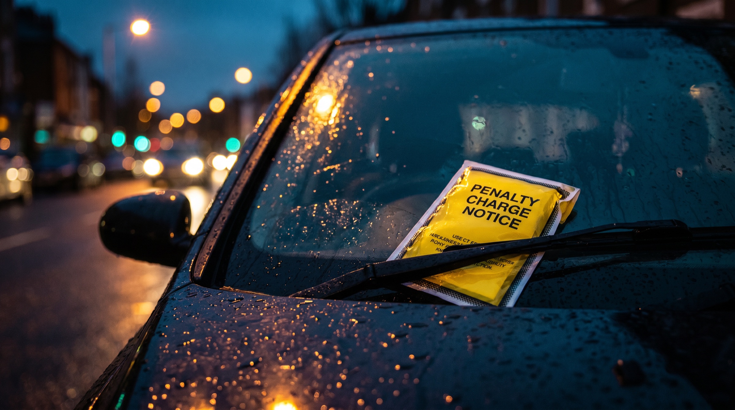 A parking penalty charge notice tucked under a car windscreen wiper